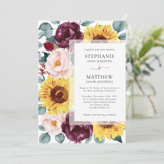 Zonnebloem eucalyptus bordeaux bloesem bruiloft kaart (Staand voorkant)