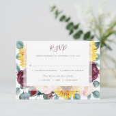 Zonnebloem eucalyptus bordeaux bloesem bruiloft RSVP kaartje (Staand voorkant)