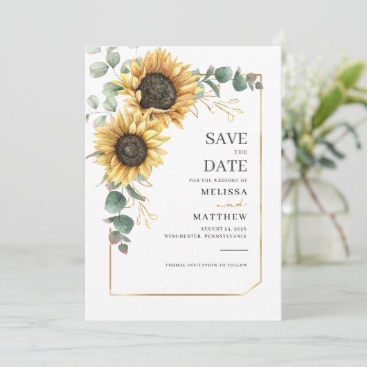 Zonnebloem Eucalyptus Botanische hete Floral Save The Date (Staand voorkant)