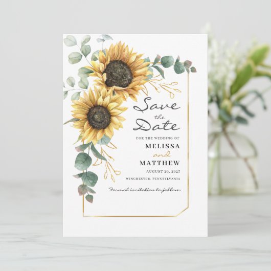 Zonnebloem Eucalyptus Botanische hete Floral Save The Date (Staand voorkant)