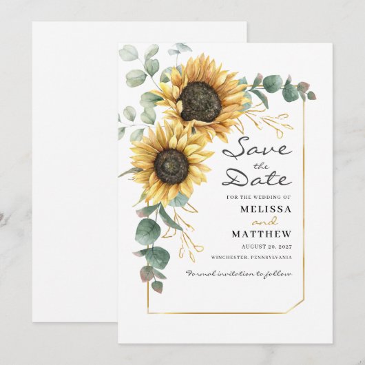 Zonnebloem Eucalyptus Botanische hete Floral Save The Date (Voorkant / Achterkant)