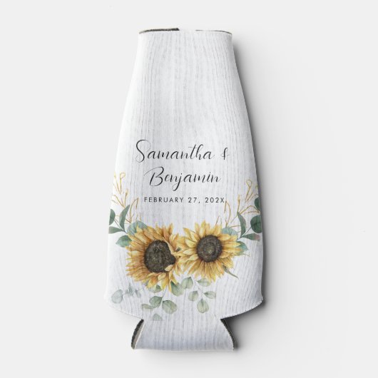 Zonnebloem eucalyptus bruiloft gunst flesjeskoeler (Voorkant)