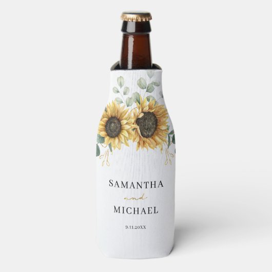 Zonnebloem Eucalyptus bruiloft gunst groen Flesjeskoeler (Fles Voorkant)