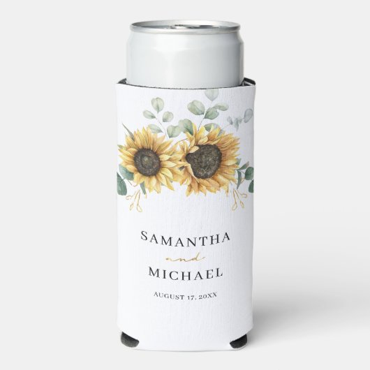 Zonnebloem Eucalyptus bruiloft gunst groen Seltzer Blikjeskoeler (Seltzer Voorkant)