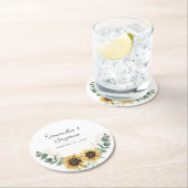 Zonnebloem eucalyptus bruiloft gunst ronde kartonnen onderzetter (Insitu)