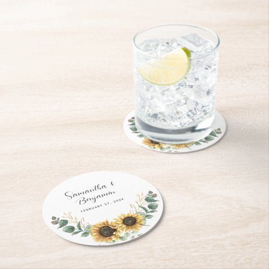 Zonnebloem eucalyptus bruiloft gunst ronde kartonnen onderzetter (Insitu)