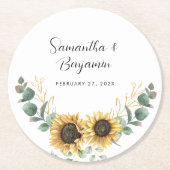 Zonnebloem eucalyptus bruiloft gunst ronde kartonnen onderzetter (Voorkant)