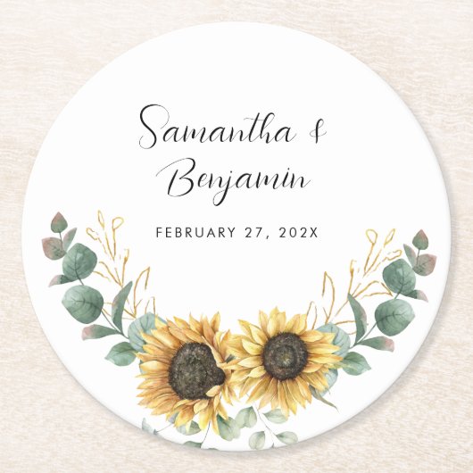 Zonnebloem eucalyptus bruiloft gunst ronde kartonnen onderzetter (Voorkant)