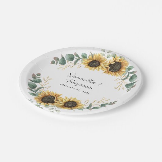 Zonnebloem eucalyptus bruiloft papieren bordje (Gekanteld)