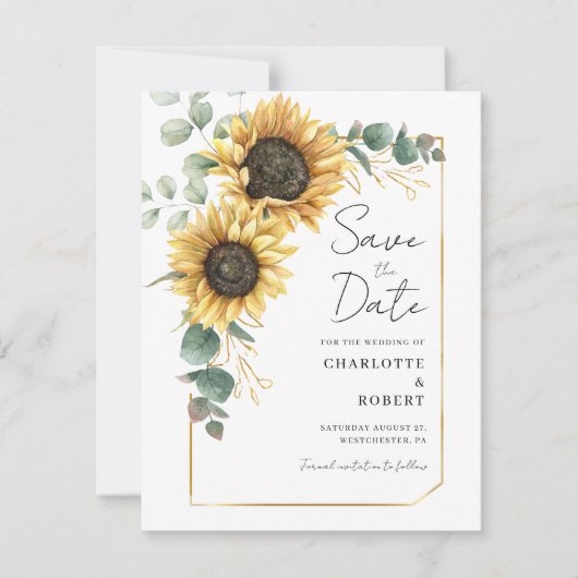 Zonnebloem Eucalyptus Bruiloft Save The Date (Voorkant)