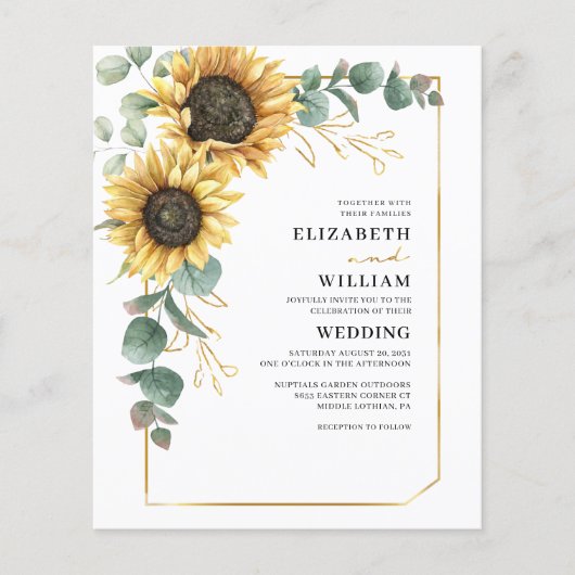 Zonnebloem Eucalyptus Bruiloftsinvitaties met Bloe Flyer (Voorkant)