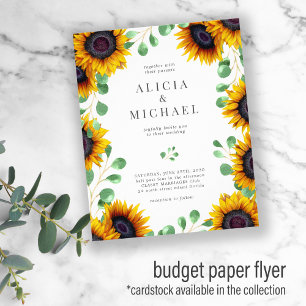 Zonnebloem eucalyptus budget bruiloft uitnodiging flyer