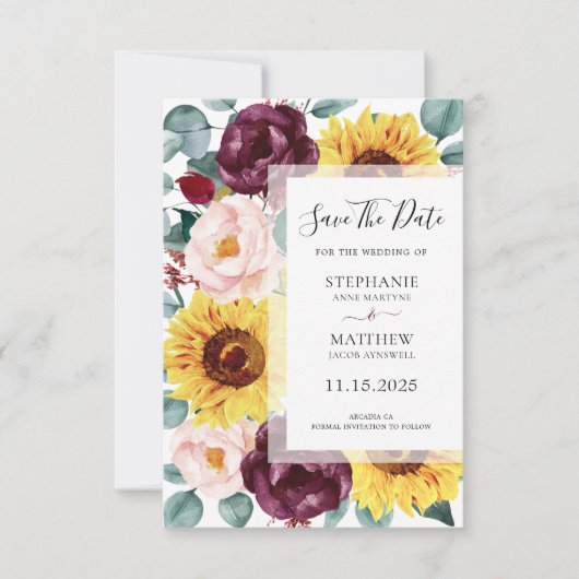 Zonnebloem Eucalyptus Burgundy Blush Photo Weddens Save The Date (Voorkant)