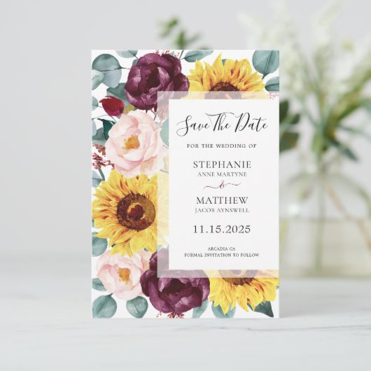 Zonnebloem Eucalyptus Burgundy Blush Photo Weddens Save The Date (Staand voorkant)