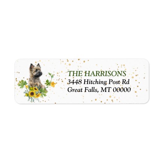 Zonnebloem Eucalyptus Cairn Terrier retouradres Etiket (Voorkant)
