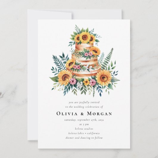 Zonnebloem Eucalyptus Cake QR Code Huwelijk Kaart (Voorkant)