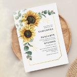 Zonnebloem Eucalyptus Floral Greenery Wedding Folie Uitnodiging<br><div class="desc">Creëer een moderne Sunflower Floral Wedding-uitnodigingskaart met deze leuke sjabloon met prachtige rustige florale bouquet,  geometrische goudvormende lijst,  met moderne eenvoudige typografie. TIP: Overeenkomende trouwsuite-kaarten zoals RSVP,  trouwprogramma's,  banners,  tapestry,  cadeaubonnen,  labels,  borden en andere bruiloft-keepsakes en -godies zijn beschikbaar in het collectie hieronder met dit ontwerp.</div>