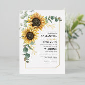 Zonnebloem Eucalyptus Floral Greenery Wedding Folie Uitnodiging (Staand Voorkant)