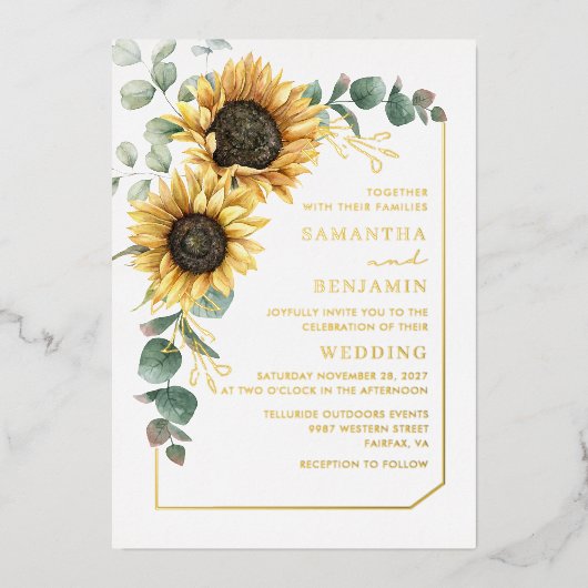 Zonnebloem Eucalyptus Floral Greenery Wedding Gold Folie Uitnodiging (Voorkant)