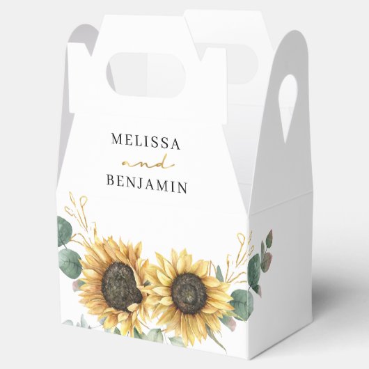 Zonnebloem Eucalyptus Floral Script Weduwschap Bedankdoosjes (Geopend)