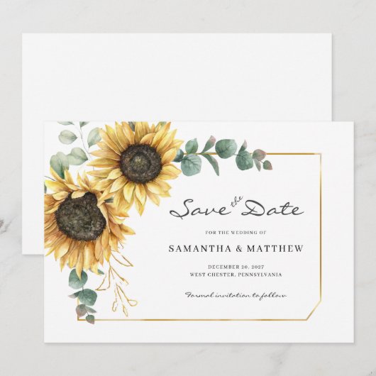 Zonnebloem Eucalyptus Floral Wedding Save The Date (Voorkant / Achterkant)
