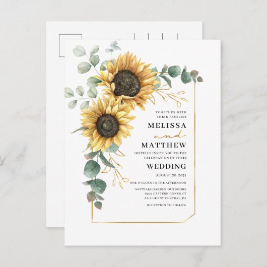 Zonnebloem Eucalyptus Floral Wedding Uitnodiging Briefkaart (Voorkant / Achterkant)