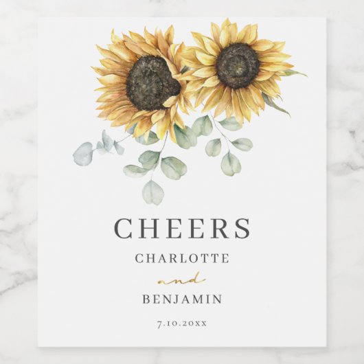 Zonnebloem Eucalyptus Floral Wedding Wijn Etiket (Enkel label)
