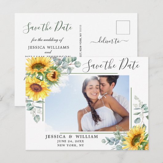 Zonnebloem Eucalyptus FOTO Bruiloft Save the Date Briefkaart (Voorkant / Achterkant)