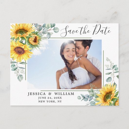 Zonnebloem Eucalyptus FOTO Bruiloft Save the Date Briefkaart (Voorkant)