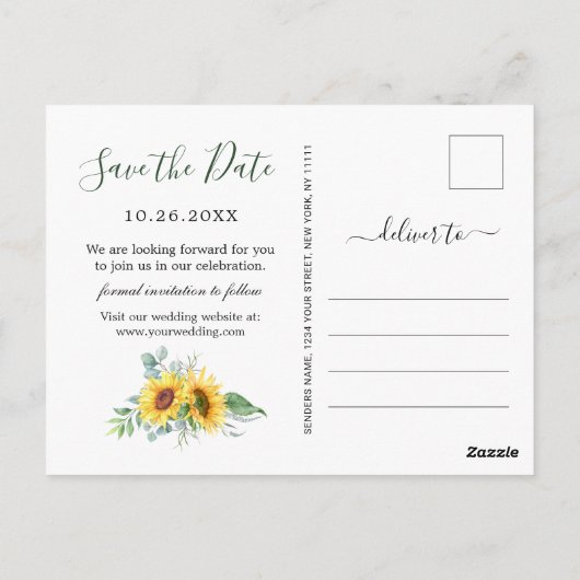 Zonnebloem Eucalyptus FOTO Bruiloft Save the Date Briefkaart (Achterkant)