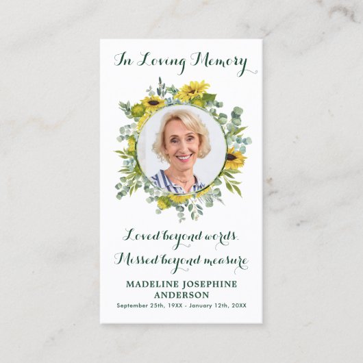 Zonnebloem Eucalyptus Foto Memorial Prayer Kaart Contactkaartje (Voorkant)