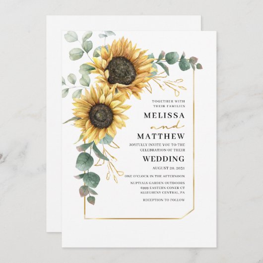 Zonnebloem Eucalyptus Geometric Floral Wedding Kaart (Voorkant / Achterkant)