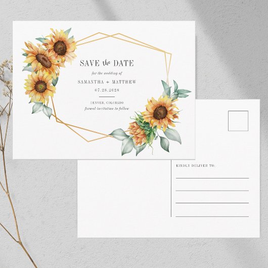 Zonnebloem Eucalyptus Geometric Save the Date Aankondigingskaart