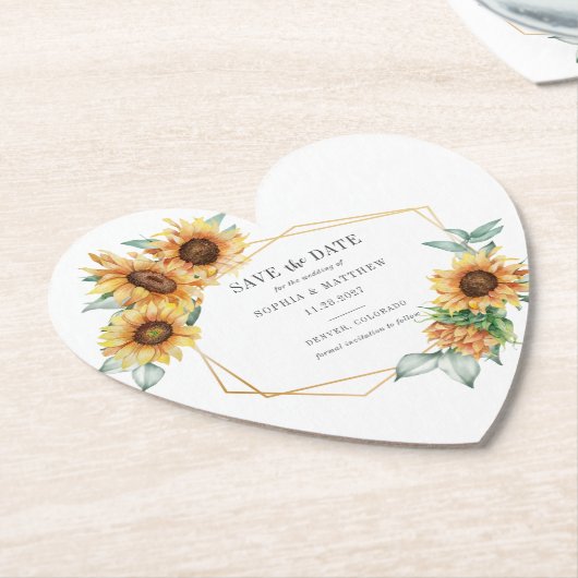 Zonnebloem Eucalyptus Geometric Save the Date Kartonnen Onderzetters (Gekanteld)