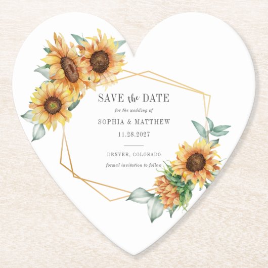 Zonnebloem Eucalyptus Geometric Save the Date Kartonnen Onderzetters (Voorkant)