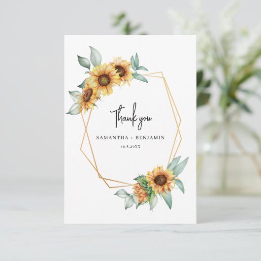 Zonnebloem Eucalyptus Geometrische bruiloft Bedankkaart (Staand voorkant)