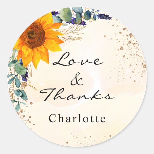 Zonnebloem eucalyptus glitterspul monogram dank je ronde sticker (Voorkant)