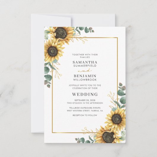 Zonnebloem Eucalyptus Gold Geometric Floral Weddin Kaart (Voorkant)