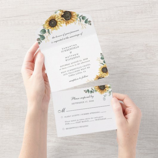 Zonnebloem Eucalyptus Greenery Botanical Wedding All In One Uitnodiging (Afscheurbaar)