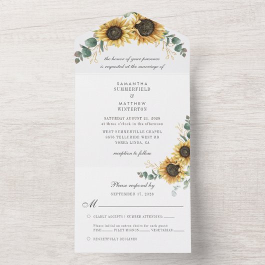 Zonnebloem Eucalyptus Greenery Botanical Wedding All In One Uitnodiging (Binnen)