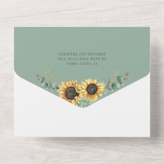 Zonnebloem Eucalyptus Greenery Botanical Wedding All In One Uitnodiging (Achterkant)