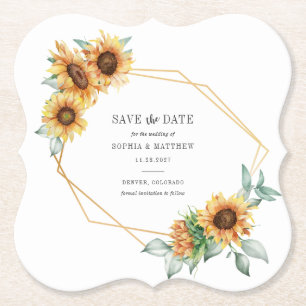 Zonnebloem Eucalyptus Greenery Geometric Save Date Kartonnen Onderzetters