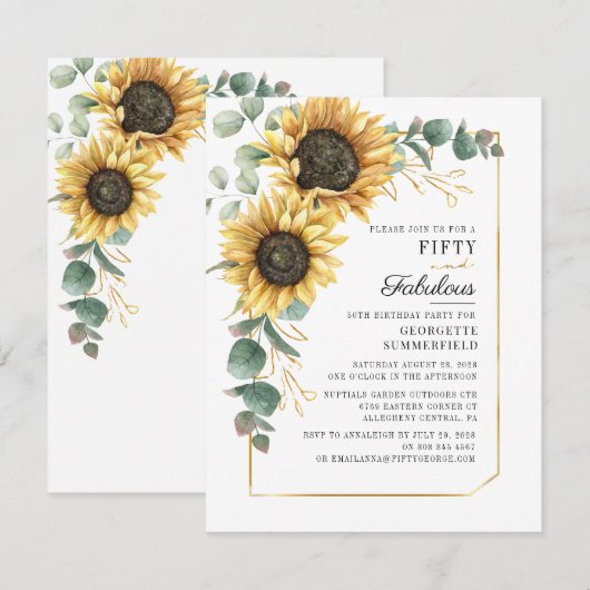 Zonnebloem Eucalyptus Greenery Script 50th Birthda Kaart (Voorkant / Achterkant)