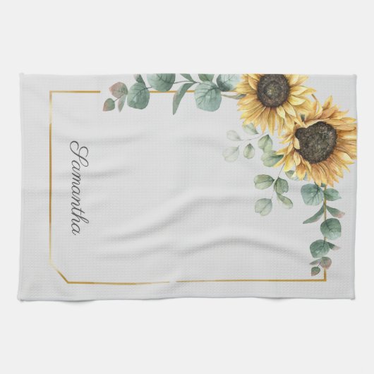 Zonnebloem Eucalyptus Greenery Script Persoonlijk Theedoek (Horizontaal)