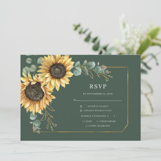 Zonnebloem Eucalyptus Greenery Wedding RSVP Kaart (Staand voorkant)