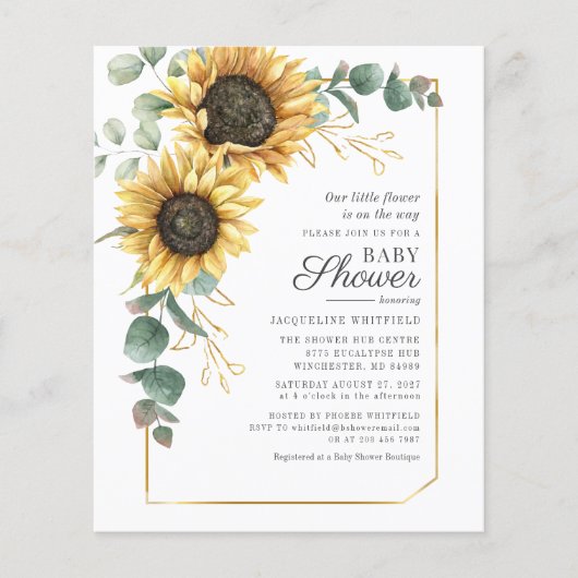 Zonnebloem Eucalyptus groen Baby shower uitnodigen (Voorkant)