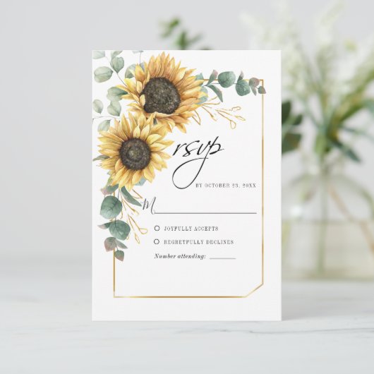Zonnebloem Eucalyptus groen bloemen RSVP Kaartje (Staand voorkant)