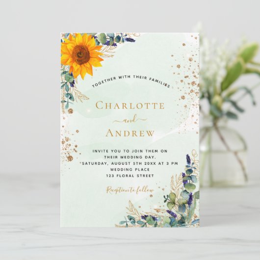 Zonnebloem Eucalyptus groen rustieke bruiloft Kaart (Staand voorkant)