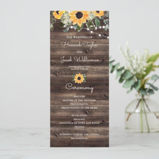 Zonnebloem Eucalyptus Houten Trouwprogramma Programmakaart (Staand voorkant)