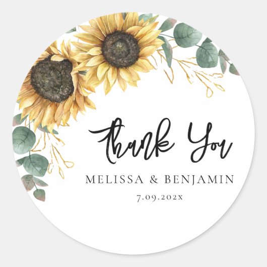 Zonnebloem Eucalyptus Huwelijk Script Bedankt Ronde Sticker (Voorkant)